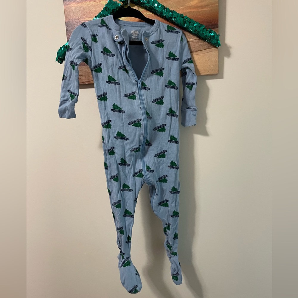 Old Navy Blue and Green Footed One Piece with car carrying Xmas tree pjs lowest